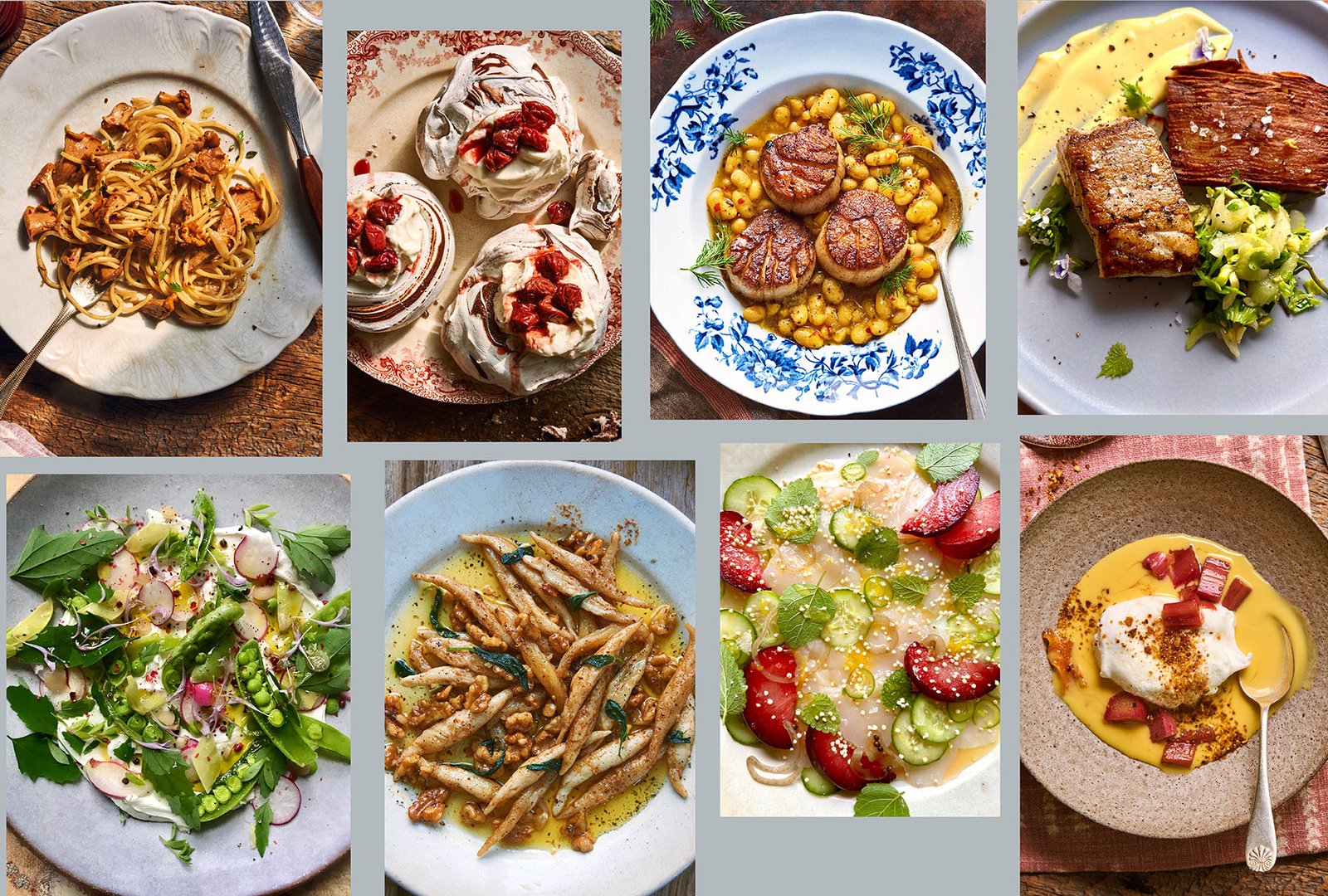 A grid of eight images including wild mushroom pasta, toasted meringue dessert, scallops, beans and seared fish, garden vegetables, handmade pasta, seafood crudo and a custard dessert
