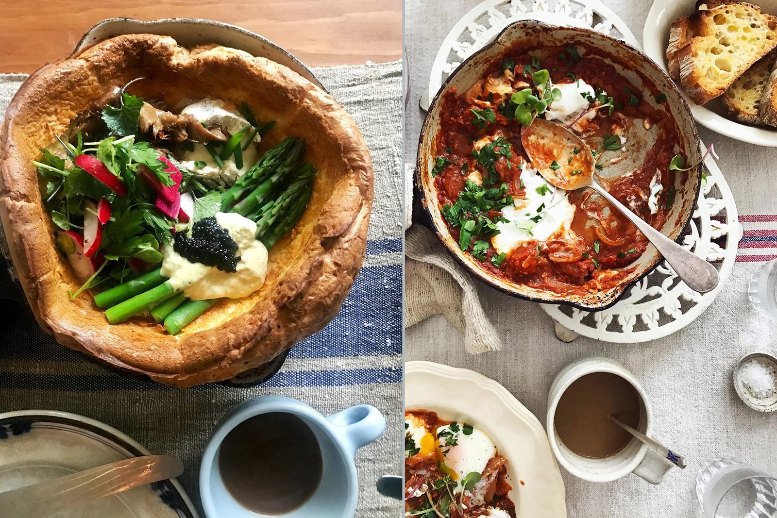 Breakfast plates at Catbird Cottage including eggs, greens and coffee