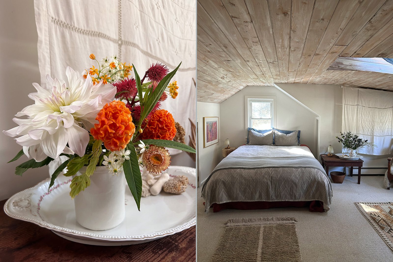 Guest bedroom at Catbird Cottage with linen bedding and a skylight